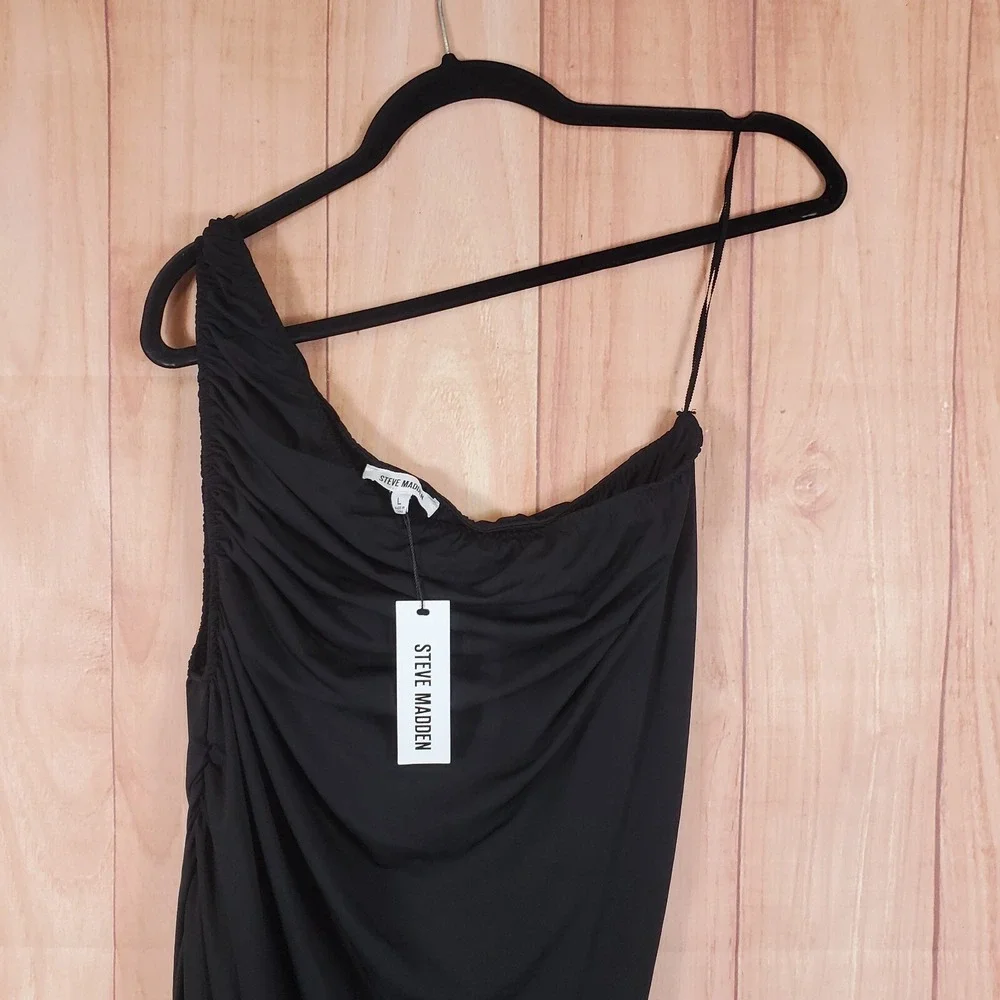 Steve‎ Madden Ayana Womens Bodycon Dress Large Black Stretch One-Shoulder Ruched